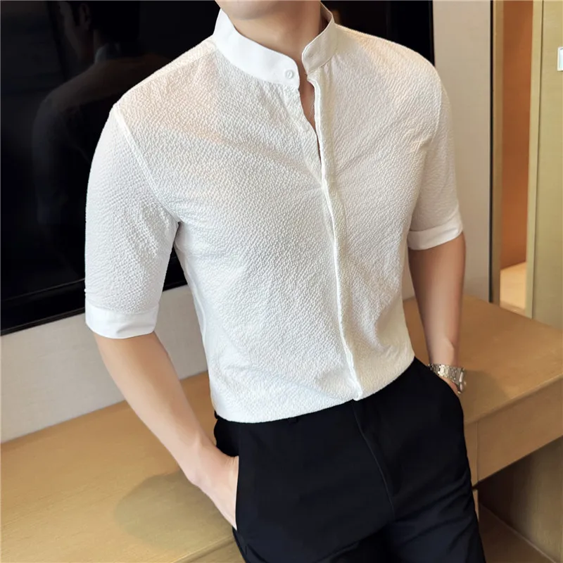 Stand Collar Shirt For Men New Chinese Style Half Sleeve Ice Silk Thin Summer Top Stretch Buersucker Draped Mens Shirt Clothing