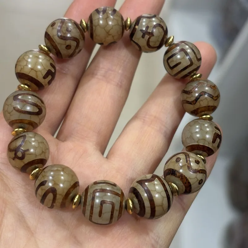 New Dzi Bead Agate Chalcedony Three-eye Old Agate Bracelet Round Beads for Men and Women