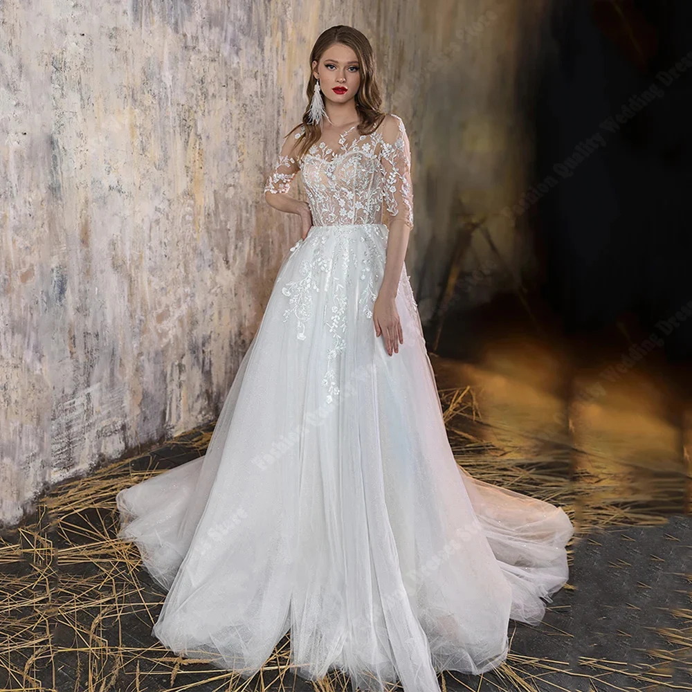 

Elegant A-Line Women Wedding Dresses Mopping Length Lace Floral Printing Bridal Gowns Engagement Ball Princess Vestidos De Novia