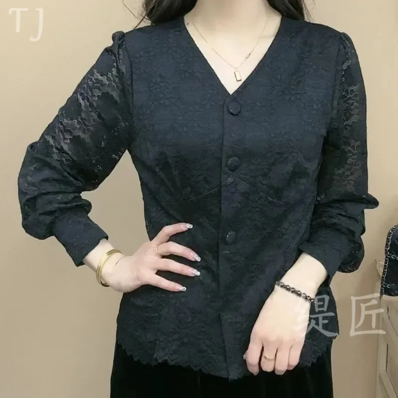 Fashion Lace Shirt New 2023 Spring Autumn Shirts Blouse Korean Long-Sleeved V-Neck Casual Shirt Coat Bottoming Mother Dress