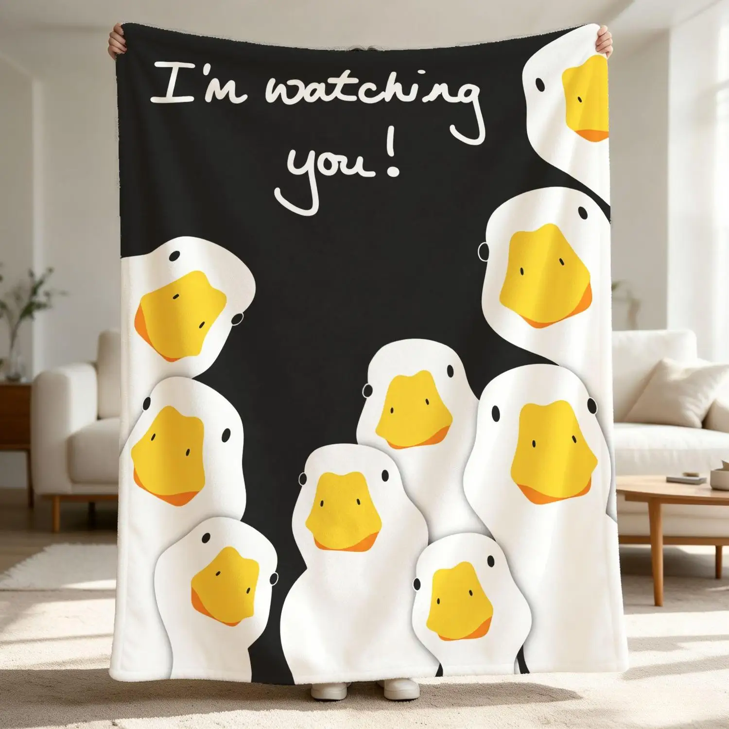 [Flannel Blanket] Funny White Goose Blanket, I'M Staring at You! Soft Blanket, Humorous and Simple Sofa Decoration