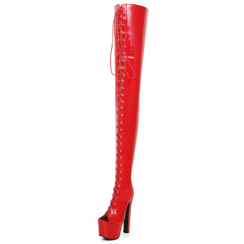 Super Hoge Laarzen Vrouwen Veters Herfst 17Cm Hoge Hakken Over De Knie Laarzen Platform Lange Stripper Fetish Schoenen Dame Grote Maat 46