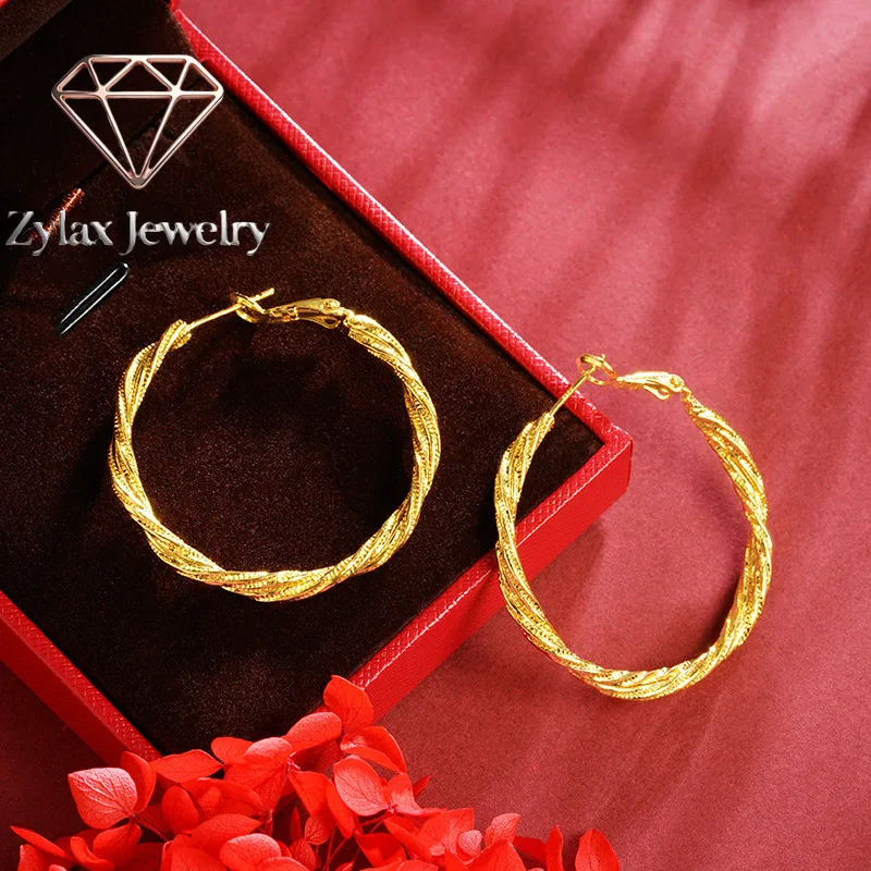 Zylax Jewelry Luxury 24K 9999 Pure Gold real gold Women's Simple Fashion Twist Earrings