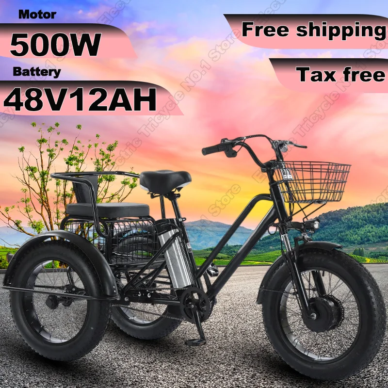 Electric Tricycle 20 Inch Fat Tire Snow 500W 48V 12AH Removable Lithium Battery 3Wheel Electric Bicycle Rear Cargo Basket E-Bike