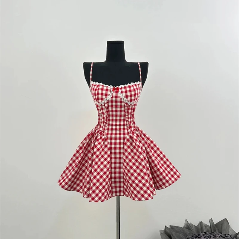 Summer French Prom Gown Ballet Core Mini Plaid Dress Women Gyaru Coquette 2000s Aesthetic Evening Frocks Party Fairy 2025