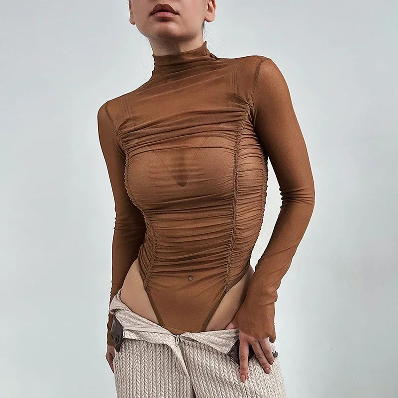 Bwq Herfst Effen Kleur Transparante Vrouwen Hoge Hals Lange Mouw Geplooide Sexy Verleiding Erotische Bodysuit