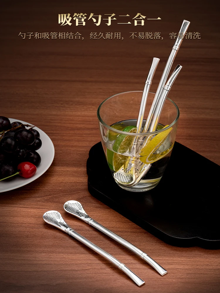 Internet famous straw spoon pure silver 999 milk tea stirring and filtering dual-purpose elongated silver straw spoon