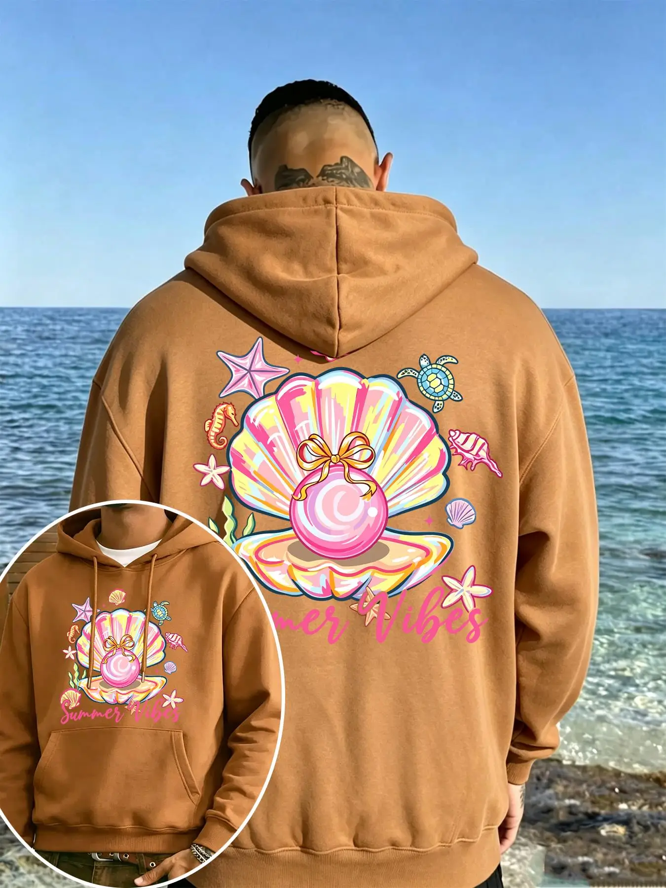 Colorful Shell Starfish Print Men'S Hoody Autumn Fleece Hoodies Hip Hop Loose Jogging Streetwear Comfortable Korean Clothes