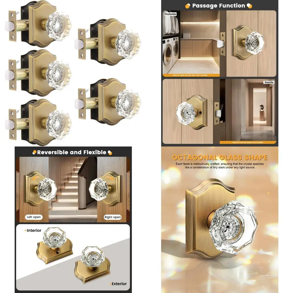 

Antique Brass Crystal Door Knobs Set of 5 for Hallway, Closet, Laundry Room - Clear Octagon Shape, Keyless Exterior Design