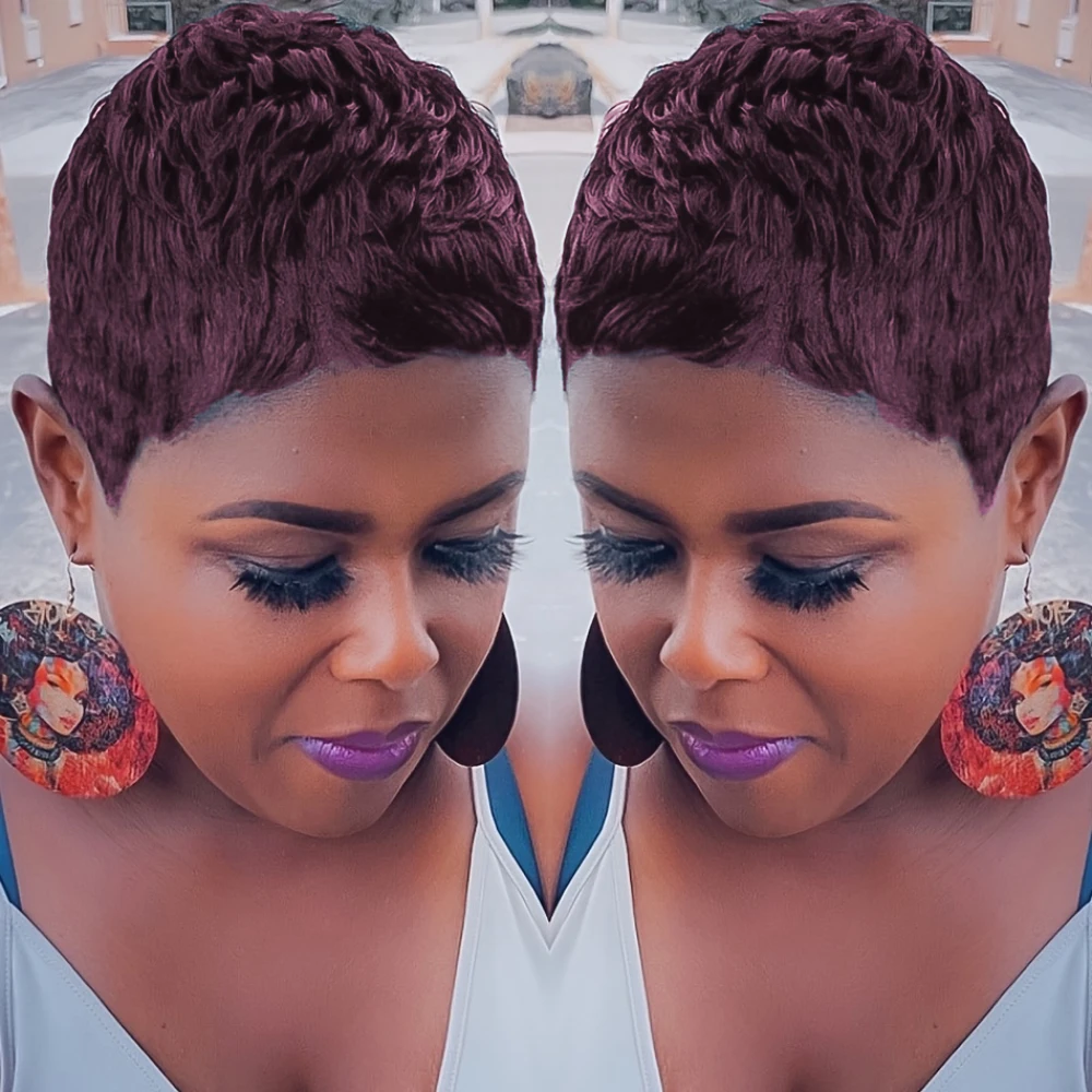 150% 밀도 4인치 픽시컷 곱슬 웨이브 인모 가발 (여성용, 풀머신 제작, 데일리 및 파티용)