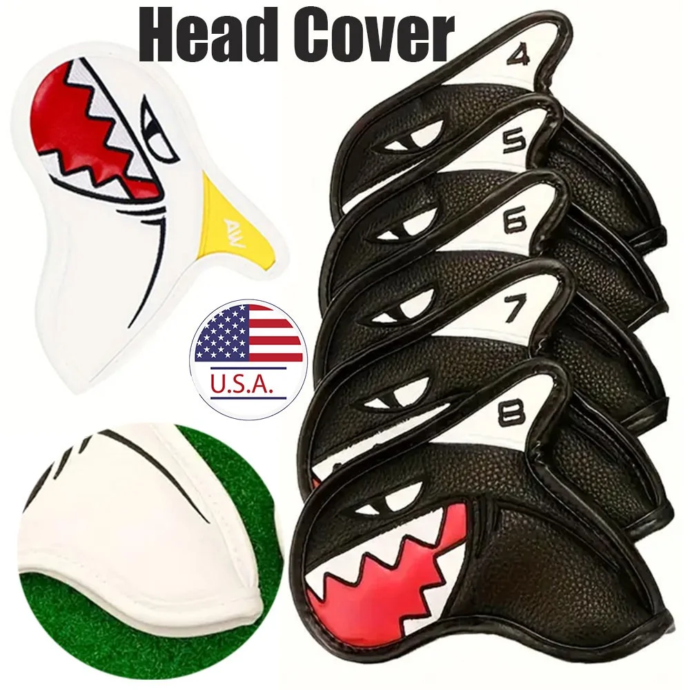 

Waterproof PU Leather Golf Iron Head Covers 9 Piece – Shark Design Black White Numbered 4-9 AW PW SW Protective Club Set