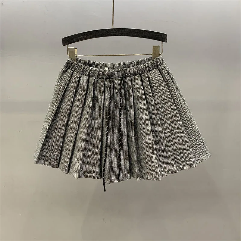 2-14 baby Girls sparkling sequin pleated skirt 2025 Spring Autumn teen kids drawstring elastic waist A-line short skirt clothes