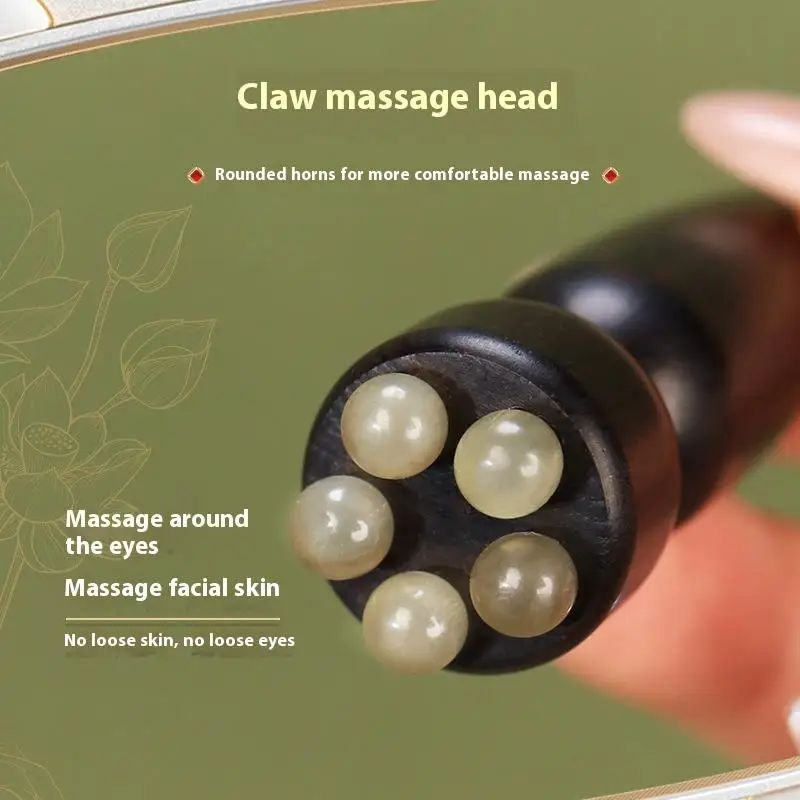 Fotografia 3: 1 Unidade Bastão de Massagem Facial de Sândalo com Cinco Contas em Formato de Vagem de Lótus, Ferramenta Gua Sha para Cuidados com a Pele do Rosto, Reduz Inchaço