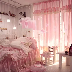 2 pcs 100% Cotton Romantic Princess Curtains for Girl's Bedroom Sweet Pink Cortinas with Valance Bowties Pastoral Ruffles Drapes