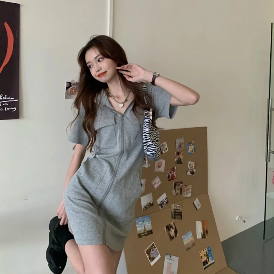 

【New style】[Fish scale fabric] Korean style short-sleeved hooded dress for women in summer figure-flattering waist medium and l