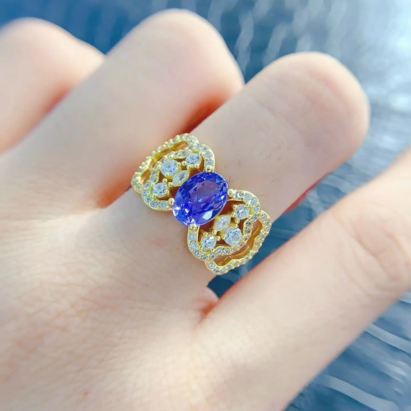 925 Silver Natural Tanzanite Ring Certified Fine Jewelry Gold Plated Oval Solitaire Openwork Pave Statement Gemstone Ring