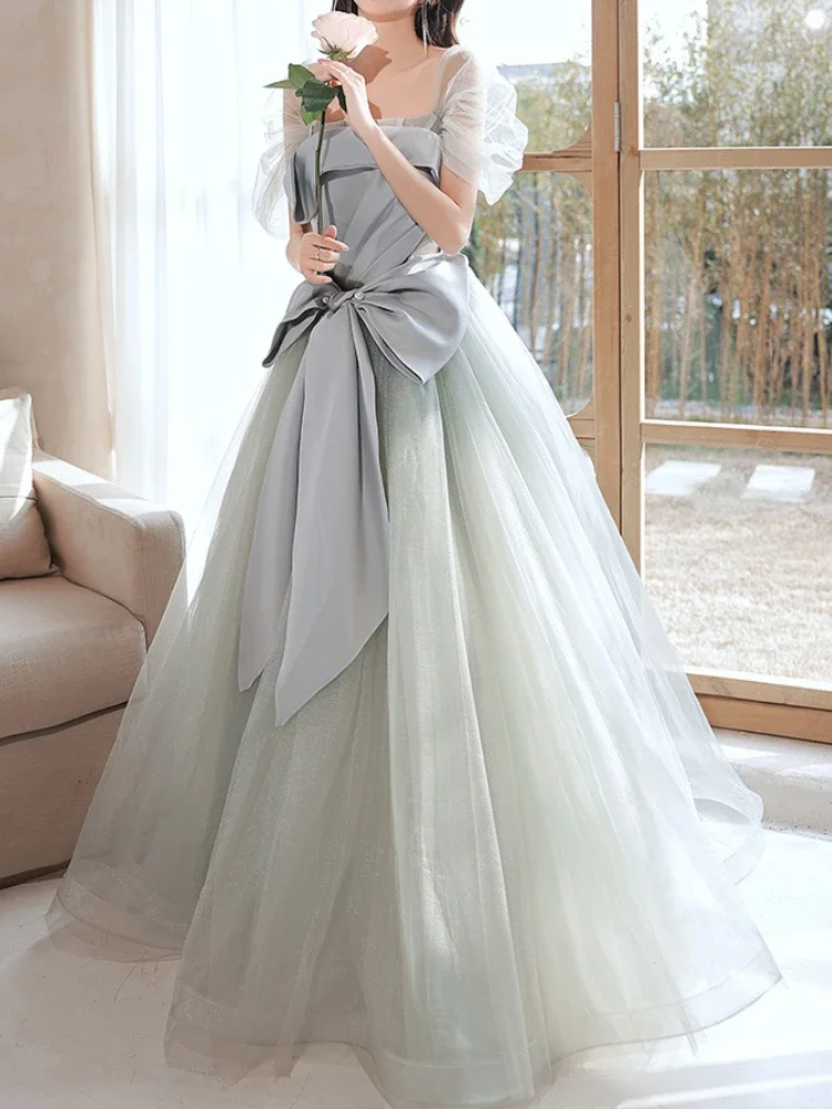 Customized Fresh Aesthetic Mesh Slash Neck Long Princess Dress Front Satin Spliced Bow Design Vestidos Elegant Cascading Simple