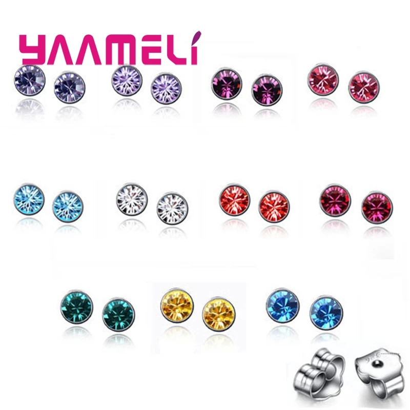 Outlets 20PCS 925 Sterling Silver AAA Colorful CZ Crystal Stone Women Men Stud Earrings +Back Stoppers Shining Jewelry