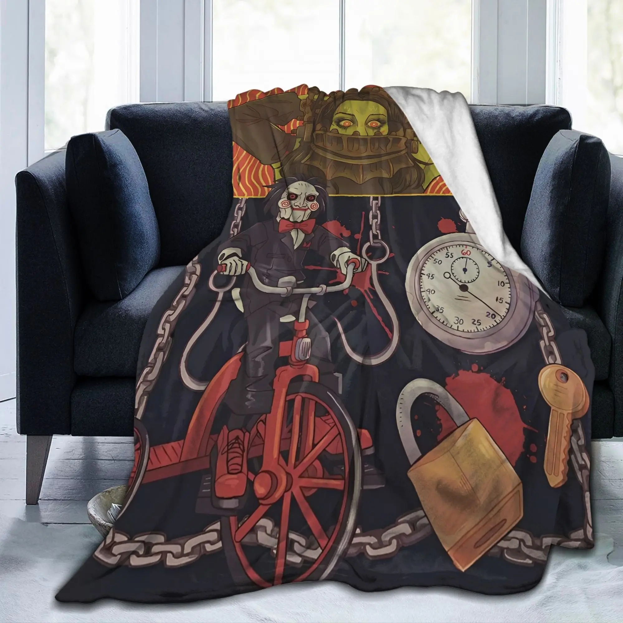Saw Jigsaw Horror Movie Blanket Fleece Autumn Winter Halloween Gothic Breathable Thin Throw Blanket for Bedroom