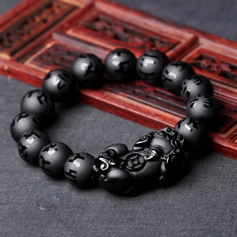 Natural Obsidian Fengshui Pixiu Beaded Bracelet Men Women Black Jades Brave Troops Six-word Mantra Bead Bangle Lucky Amulet Gift