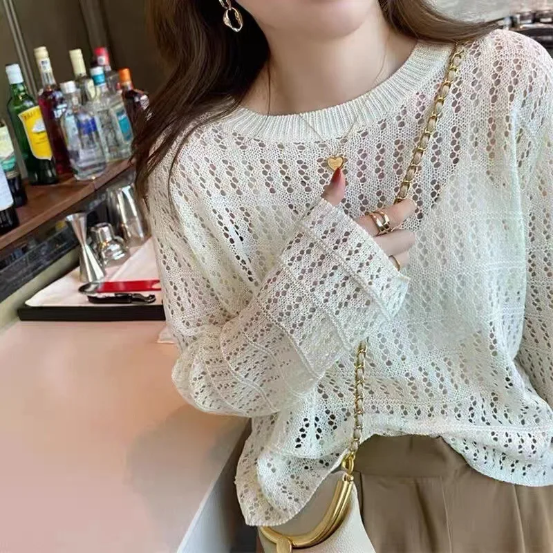 Pullovers Women Sweater 2025 Casual New Summer Lace Knitted Sweater Loose Slim Thin Base Layer long-sleeved Top women's Clothing