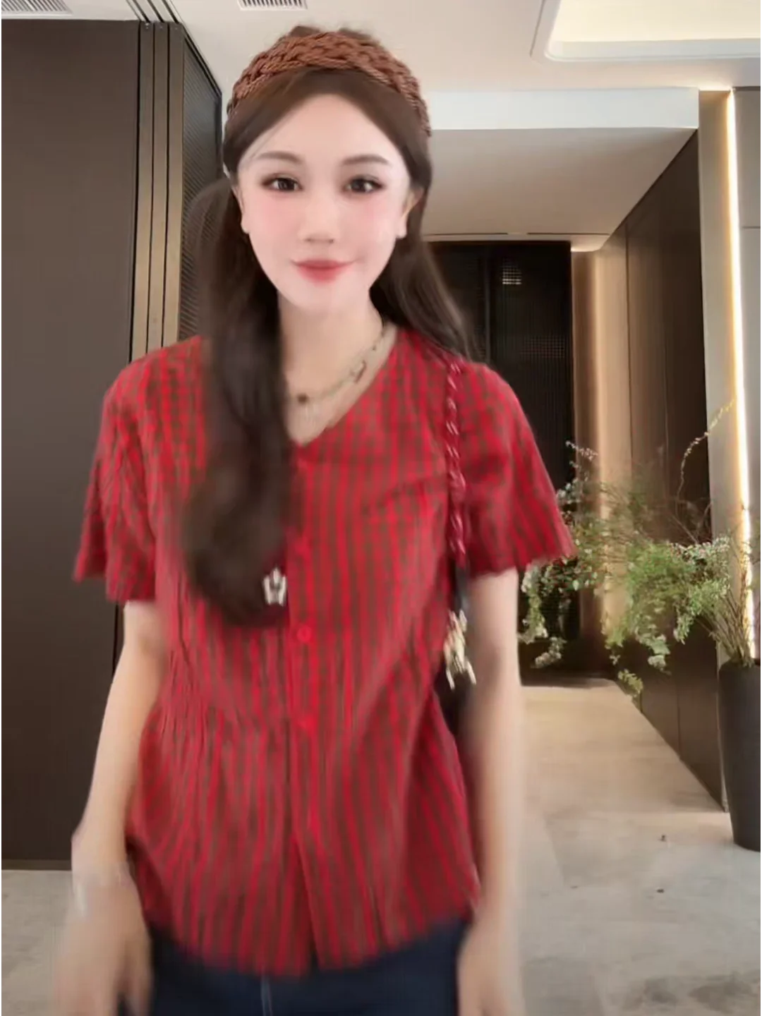 

elle Plaid Slim Fit Casual Breathable Spring Outerwear ort Sve V-Ne Regular Length Lightweight Cotton T-irt