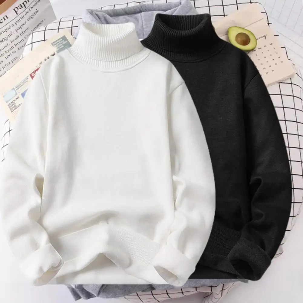 Turtleneck Long Sleeves Fleece Lining Ribbed Trim Men Sweater Autumn Winter  Thickened Warm Sweater Jumper Daily Clothing