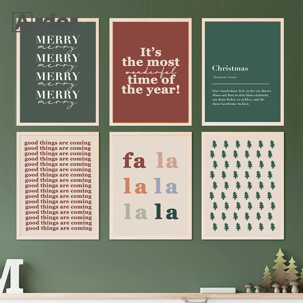 

Celebrate Merry Christmas Tree Poster Deer Holly Mistletoe Fa La Joy Wonderful Holiday Canvas Print Wall Art Living Room Decor