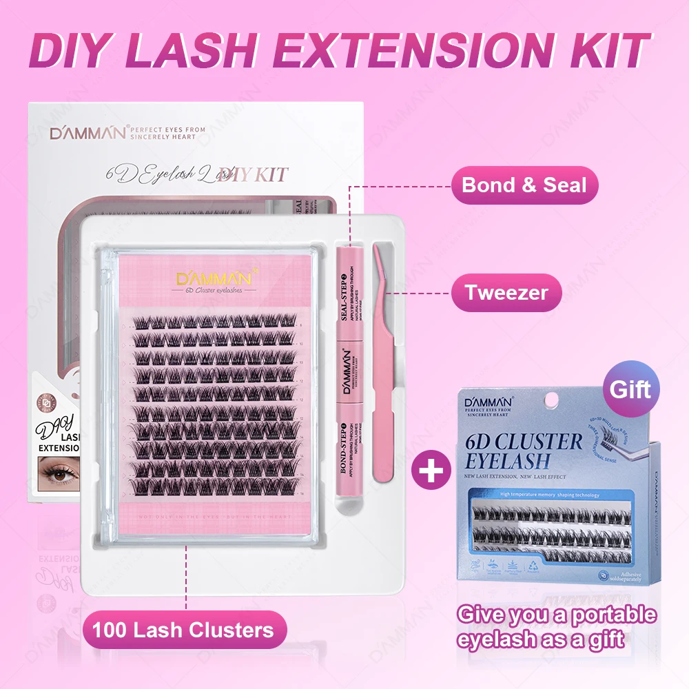 DAMMAN DIY Cluster Lash Kit 2 IN 1 Bond and Seal False Eyelash Adhesive D Curl Eyelash Set for Beginners Lashes Makeup Tools