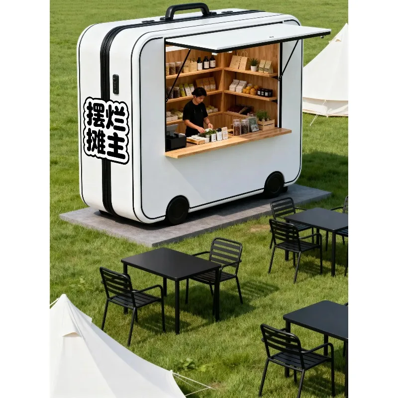 [New Design]Retro Suitcase Mobile Coffee Cart Portable Kiosk With Service Window Street Vending Kiosk For Bubble Tea Ice Cream B