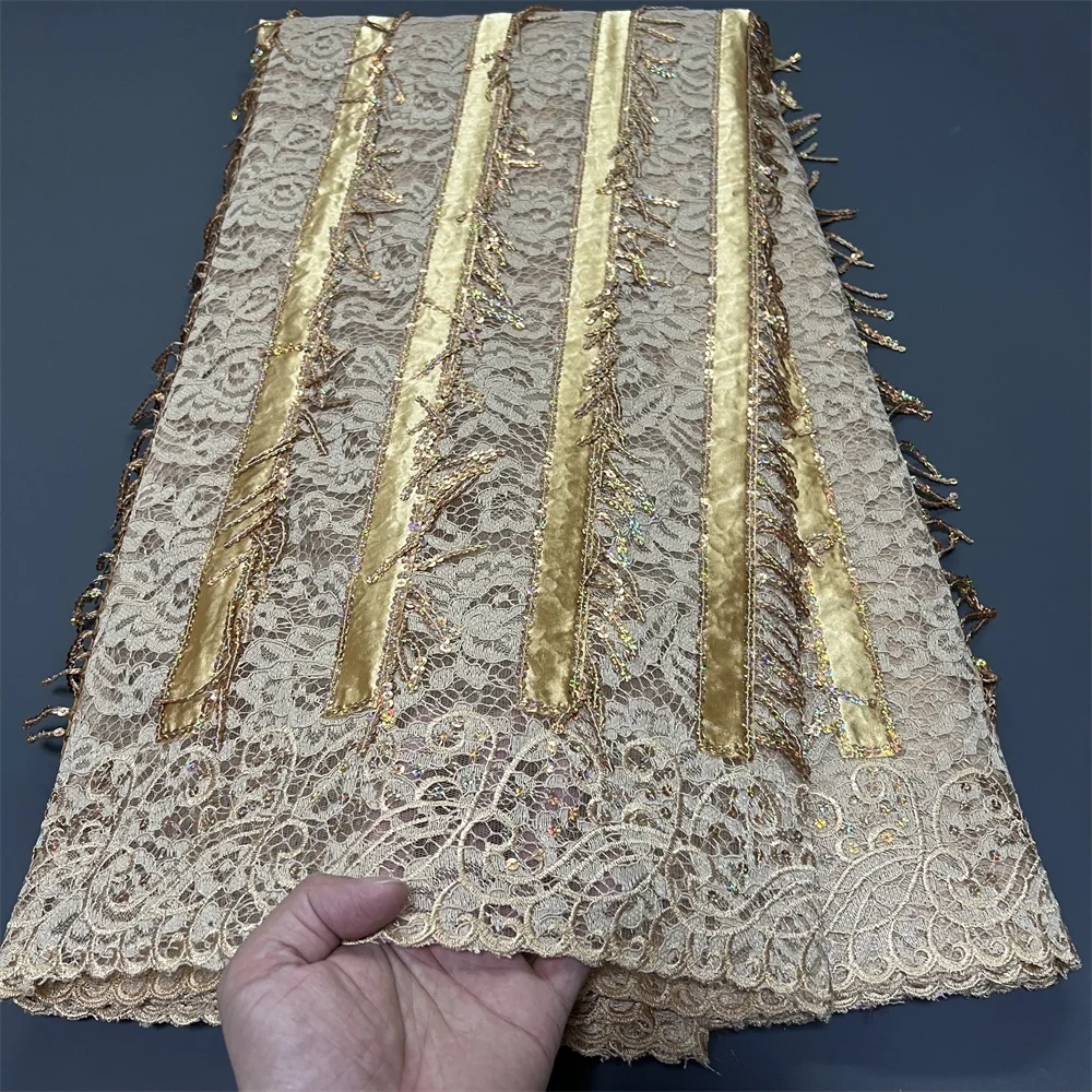 

African Nigerian 2025 High-Quality Sequins Embroidery Tulle Lace Fabric Dresses Sewing Beads Stone for Prom 5Yards PS0081