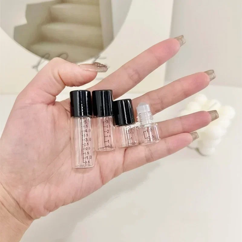 5/10Pcs Clear Glass Scale Mini Roll on Bottles 1/2/3/5ml Empty Essential Oil Perfume Roller Bottles Black Cap Sample Containers