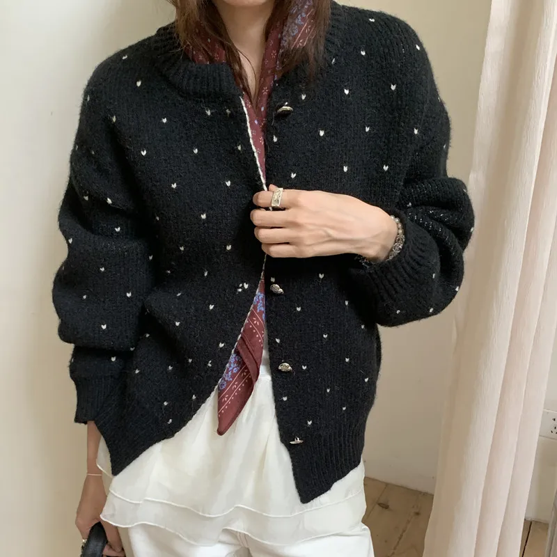 Französisch Stil Vintage Hearted-dot Verdicken Pullover Strickjacke Winter für Frauen Einreiher Weiche Gestrickte Outer Weibliche