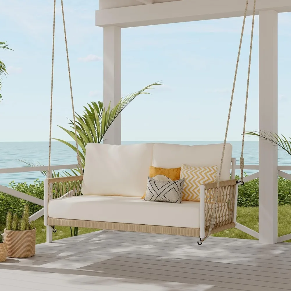

51.6" Length 2-Seats Patio Swing Sofa with Soft Cushions and Pillows, 1-Piece Outdoor Woven Rope Hanging Porch Swings, Bench Swi