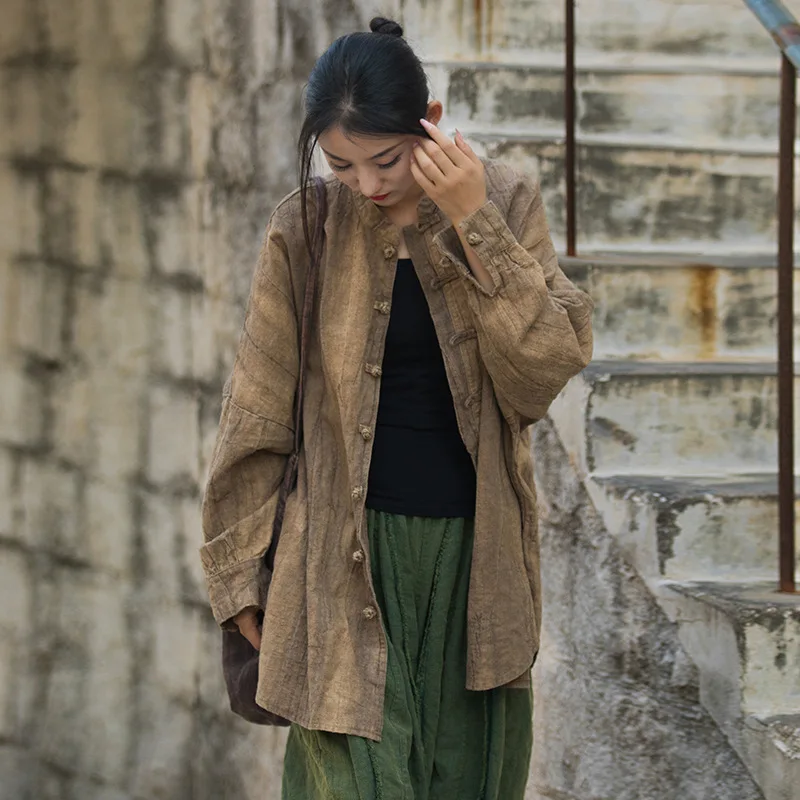 

Cotton and linen women's clothing, new ramie tie-dye, old sand washing, Zen tea clothes, travel photography cardigan jacket, fas