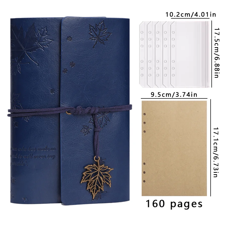 Retro-Ledereinband, nostalgisches Notizbuch mit gefallenen Blättern und Spiralringen für lose Blätter | Reisetagebuch | Handkontobuch im Waldstil – Detail 14