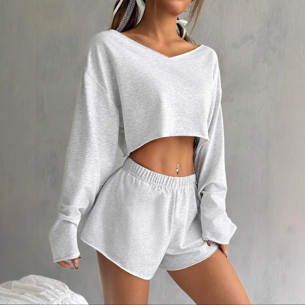 Women\'s Two Pieces Set Plain Drop Shoulder V-neck Crop Top and Elastic Waist Shorts Casual 2 Piece Sets Women Outfit