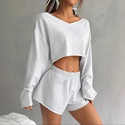 Women's Two Pieces Set Plain Drop Shoulder V-neck Crop Top and Elastic Waist Shorts Casual 2 Piece Sets Women Outfit