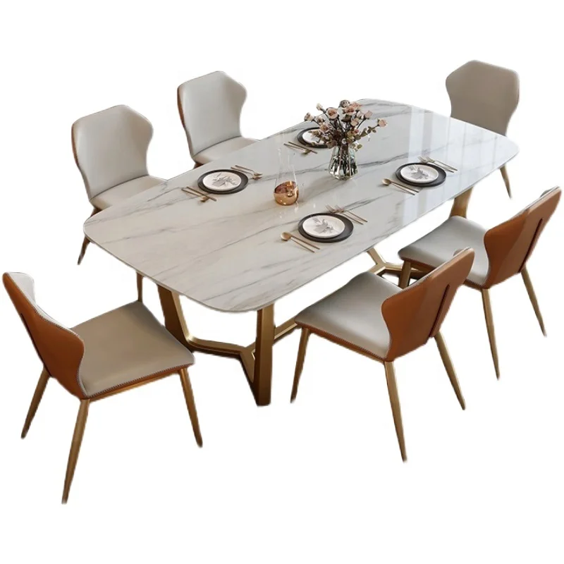 Qiaotai Furniture Modern Dining Table Stainless Steel Gold Frame Dining Room Furniture Slate Table Top Dining Table Set