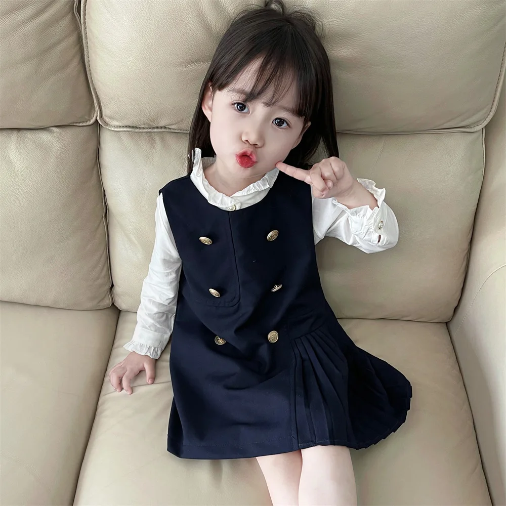 Spring Girls Clothing Suit Autumn New Children\'s Campus Style Dress Fashion Lace Neckline Shirt+ Double breasted Tank Top Dress