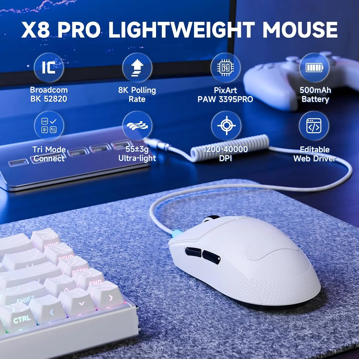 

Attack Shark X8 PRO 8K Wireless Gaming Mouse,PAW3395PRO 40K DPI Sensor,,Tri-Mode Broadcom BK52820 Chip,Superlight Ergonomic Mous