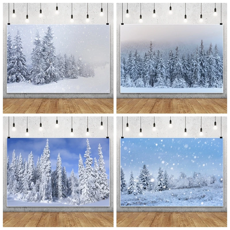 

Winter Snow Scene Backdrops for Photography Christmas Pine Forest Landscape Photo Photographic Background Cake Table Decor Props