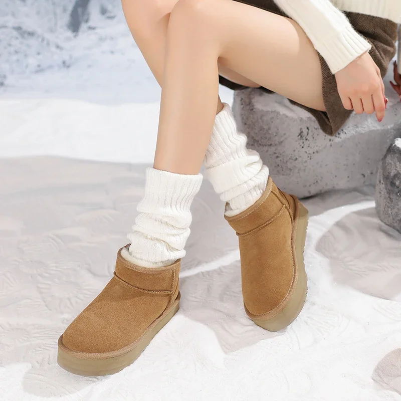 Natural Suede Wool Women Snow Boots Winter Black Brown Platform Green Ladies Round Toe  Ankle Boots Fashion Patchwork Boots