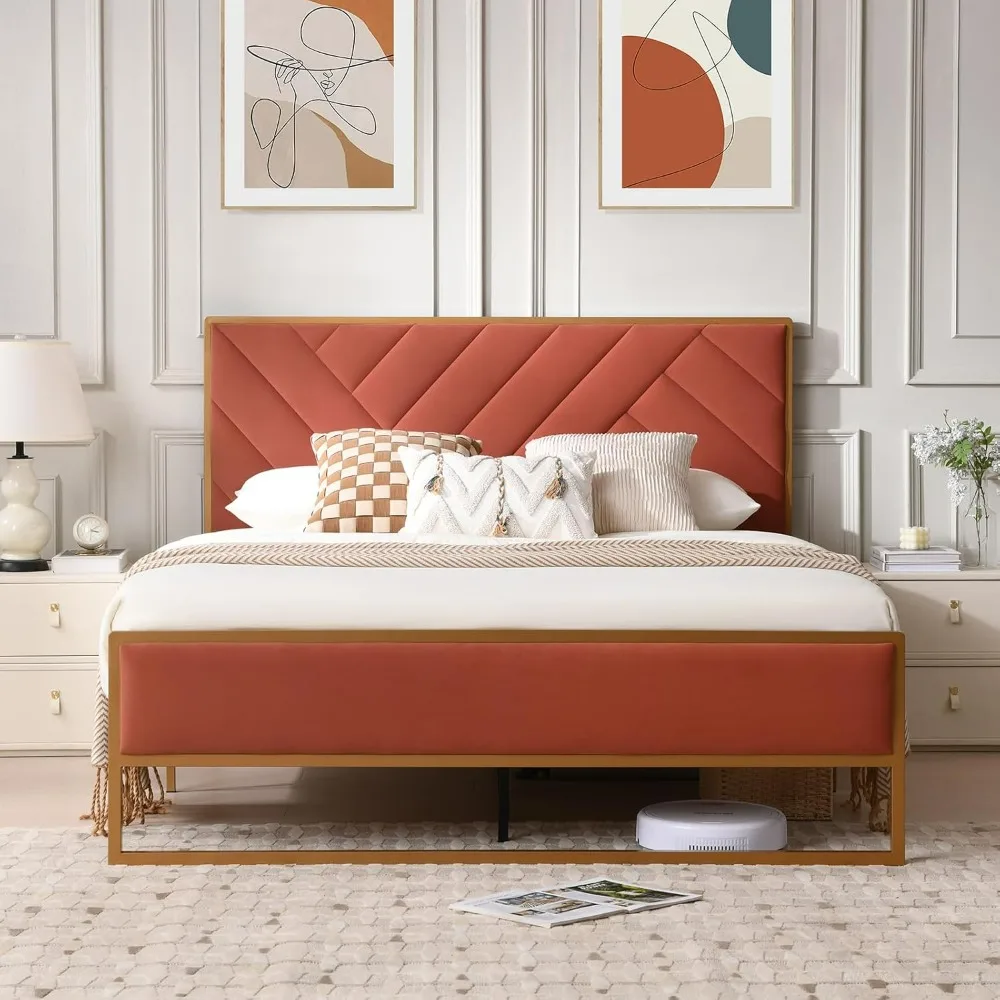VELOCAVA Queen Size Velvet Upholstered Bed Frame, Terracotta Red Metal Platform Bed with Padded Headboard, No Box Spring Require