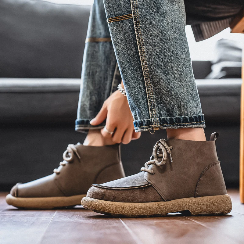 Sepatu Vintage Cokelat untuk Pria, Boots Pendek Nyaman, Sneakers High Top Pria untuk Kerja Kasual, Sepatu Kulit Pria Ukuran Besar 46