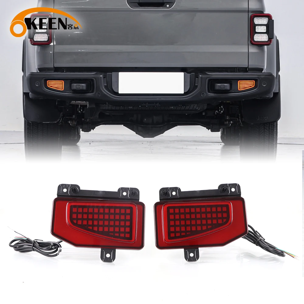 OKEEN 2pcs LED Rear Bumper Reflector Lights For Jeep Gladiator 2019 2020 2021 2022 Car Driving Turn Signal Brake Tail Lights 12V