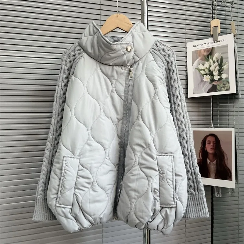 Stand-up Collar Splicing Sweater Cardigan Women's Autumn and Winter 2022 New Size Loose Design Oblique Zipper Jacket top Trendy