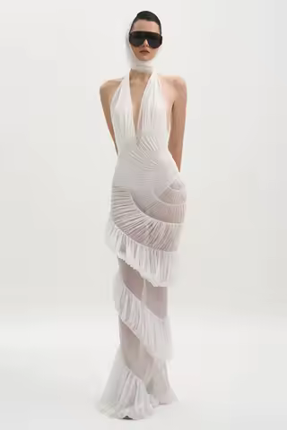 Women Luxury White Halter Backless Cupcake See Through Long Dress High End Fashion Wedding Party Evening Celebrity Dress