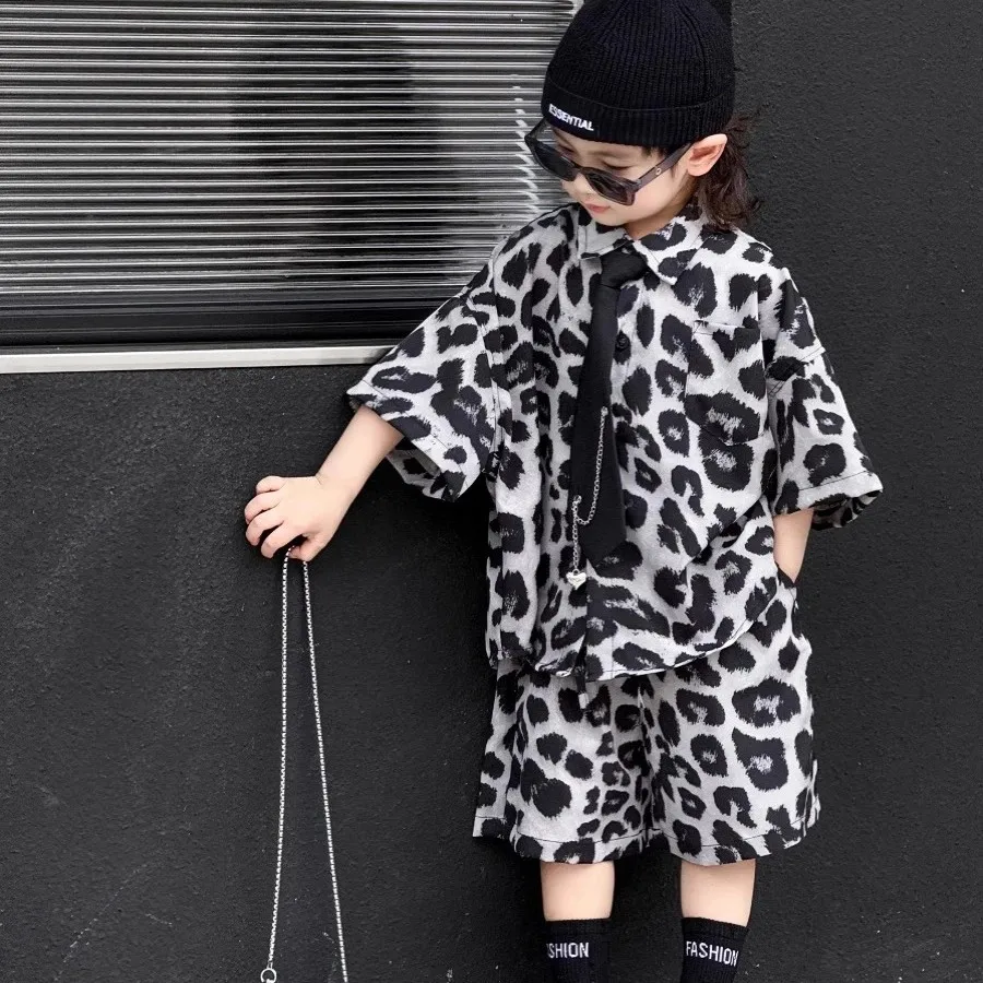 

Boys' Shirt Set Summer Clothing Children's Leopard Pattern Short sleeved Shirt+Shorts 2-piece Set