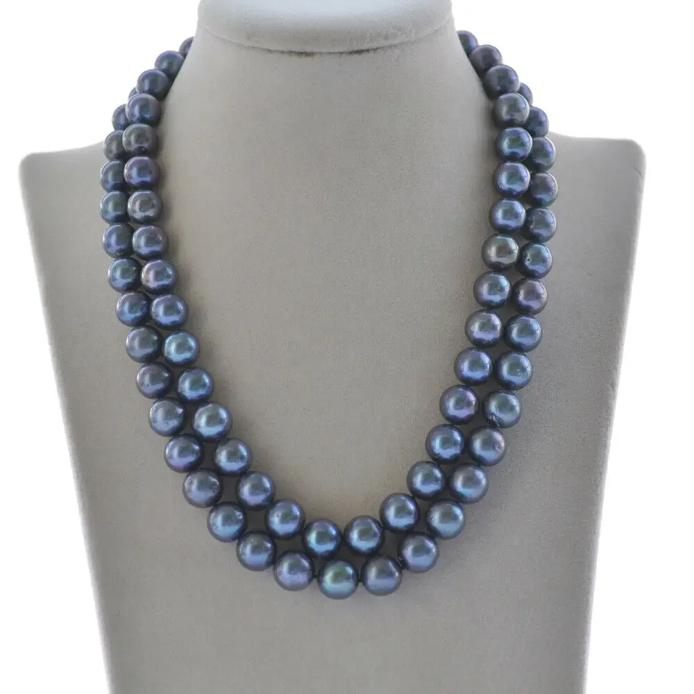 

2Row 18" 8-9mm Round Peacock-Black Freshwater Pearl Necklace